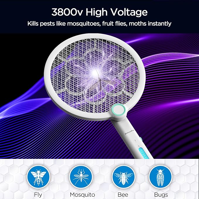 Foldable Electric Fly Swatter 3800V Bug Zapper Racket Rechargeable with UV Lights, Portable Handheld Cordless Mosquito Rackets to Kill Mosquitoes, Wasps, Gnats, Fruit Flies, Flies for Indoor Home