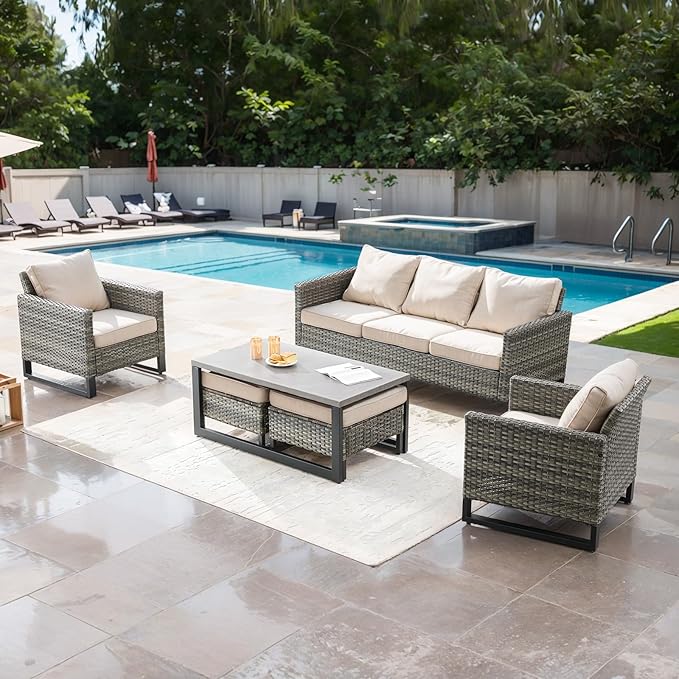 Rilyson Wicker Outdoor Couch Patio Sofa - 3 Seater Rattan Outdoor Patio Couch with Waterproof Wicker,Comfortable Cushions and Sturdy Metal Frame for Outside Porch Deck Backyard(Mixed Grey/Beige)