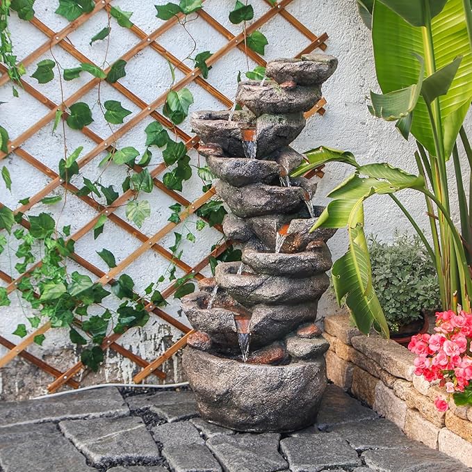 YZM 10-Tier Cascading Rock Water Fountain Outdoor Garden Waterfall Fountains Patio Backyard Deck Porch Pond Art Decor for Outside 39.76" H Outdoor Feature with LED Lights