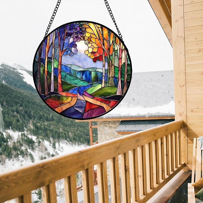 Stained Glass Window Hanging, Colorful Forest Landscape Tree Suncatcher for Doors Window Home Abstract Sun Catchers Decoration Mother's Day Birthday Gifts for Women, Men, and Mom 11.8 in