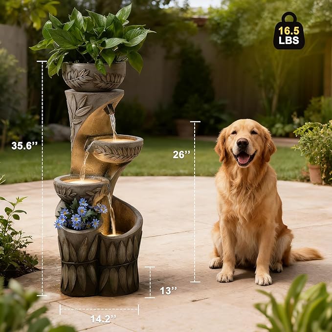 35.6" H Outdoor Water Fountain - Relief Leaf Design 4 Tiers Modern Cascading Bowls and Garden Fountains with Lights for Patio, Deck, Porch, Lawns, Backyard and Home Art Decor