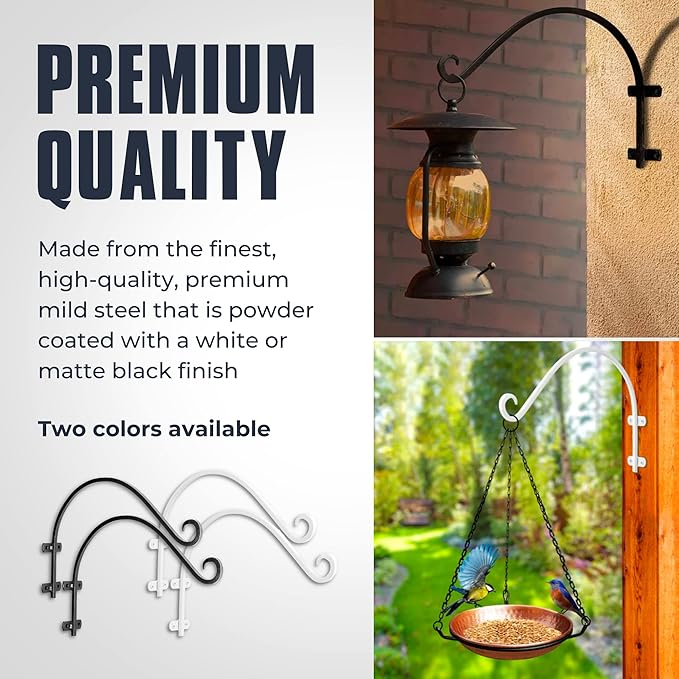 Monarch Abode Hanging Basket Hooks, Heavy Duty Metal Plant Hangers Outdoor or Indoor for Flower Basket, Wall Fence Hooks for Bird Feeder Bracket, Set of 2, 14-inch Black Plant Wall Hanger