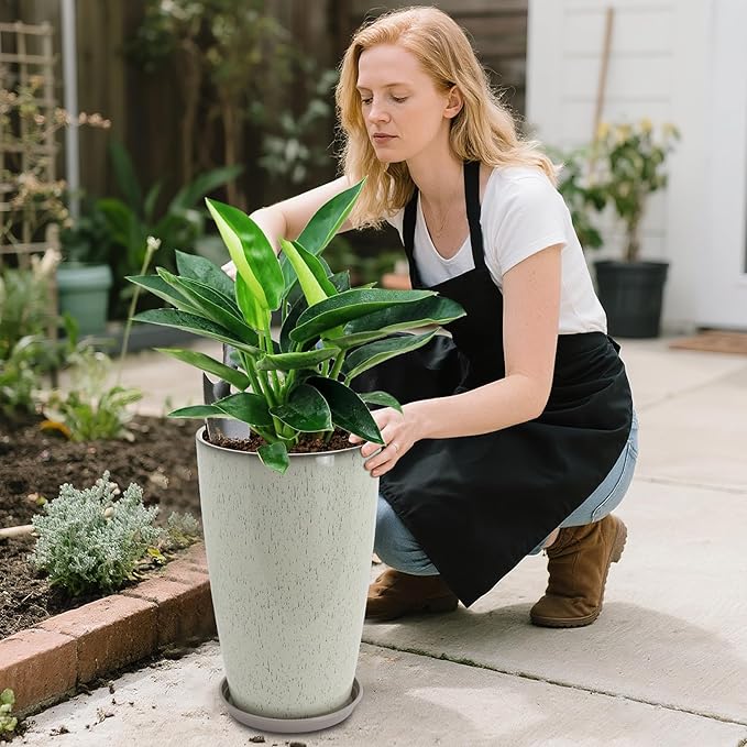 Neoaider 24/21/12 Inch Large Plastic Planter, Lightweight Ceramic-Look Tall Planters with Drain Hole & Saucers, Tall Plastic Planters for Porch, Garden, Patio, Balcony(Glaze Beige)