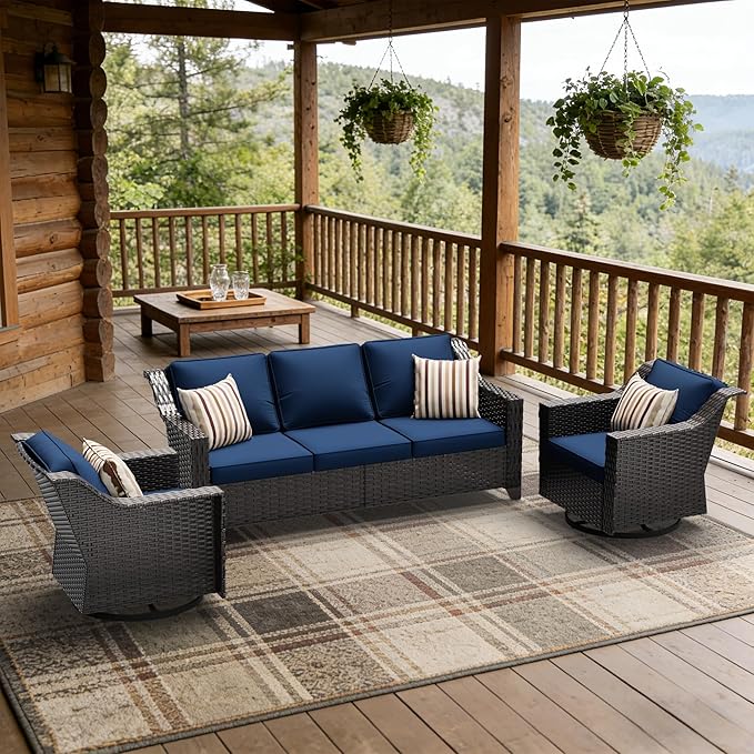 3 Pieces Patio Conversation Furniture Set - 1 Sofa, 2 Swivel Chairs, Outdoor Wicker Furniture with Removable Cushions for Porch, Balcony, Sunroom (Blue)