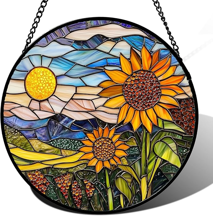 AMDERVEN Stained Glass Suncatcher, Sunflower Flowers Landscape Sun Catcher Plant Mountains Stain Glass Window Hanging Decoration Mother's Day Birthday Gifts for Women Men Mom Nana 6.3 in