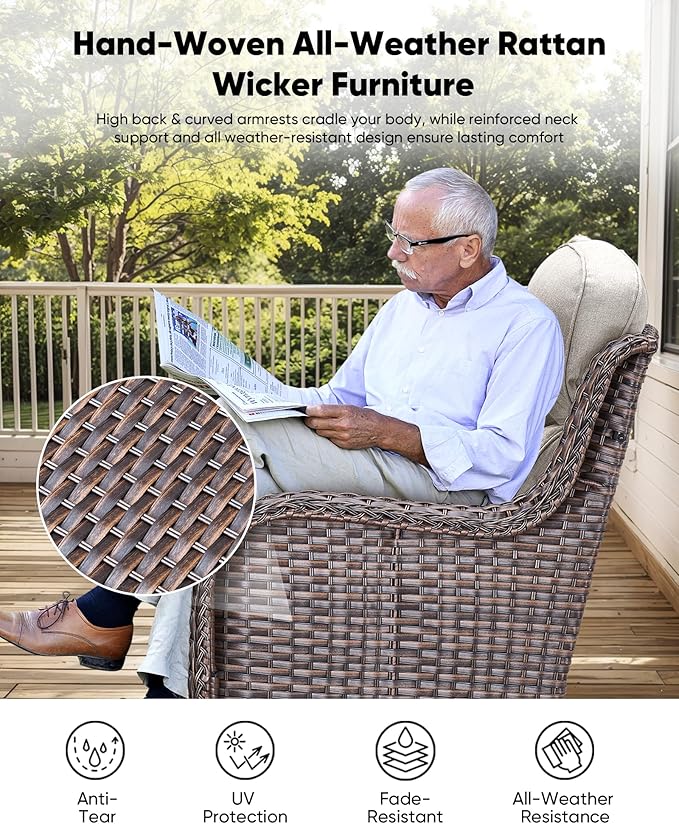 HUMMUH Luxury Patio Furniture Set 6-inch Thick Cushions High Back Swivel Rocker Chairs & 3 Seater-Couch & Steel Fire Pit Table 7 Pieces Outdoor Conversation Set for Porch,Deck,Backyard