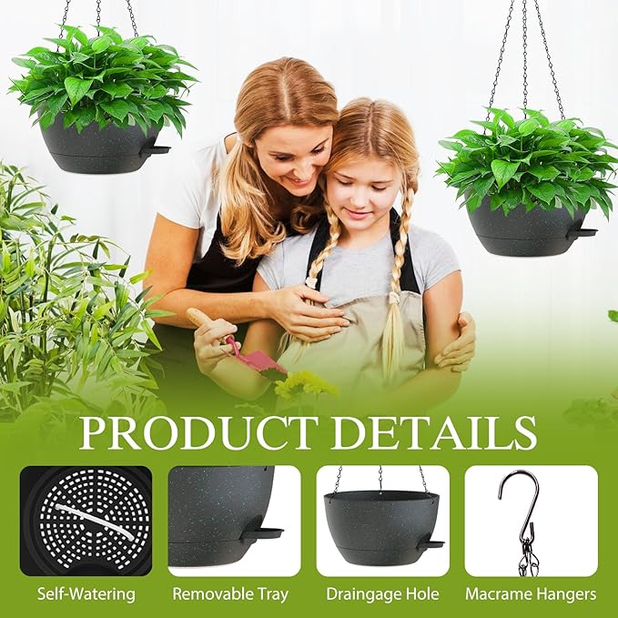 SQKH 12 Inch Hanging Baskets 2 PC with Chains, Self-Watering Hanging Planters for Indoor Outdoor Plants, Plastic Hanging Flower Pots, Black with Green Speckles