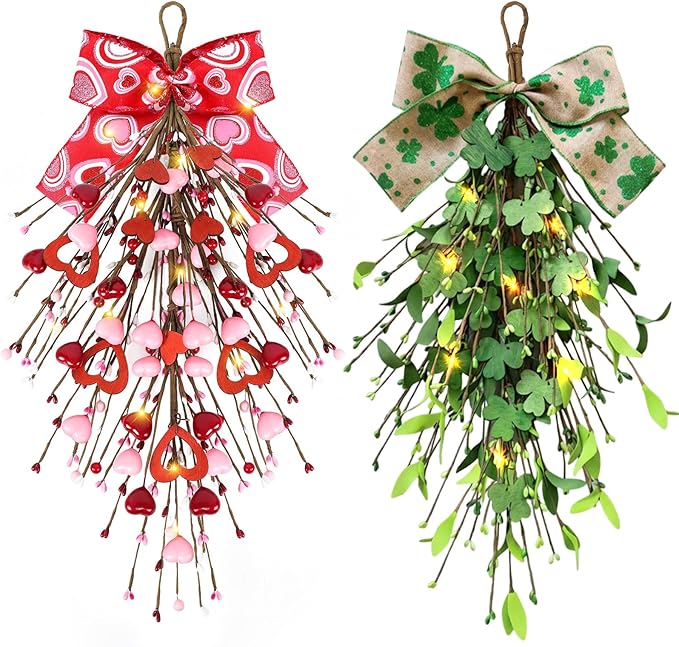 2 PCS 24" Valentine’s St.Patrick's Day Swag Wreath for Front Door Artificial Heart Shamrock Teardrop Swags Wreath Lucky Irish Valentines Kitchen Cabinet Wreaths for Home Porch Wall Window Decoration