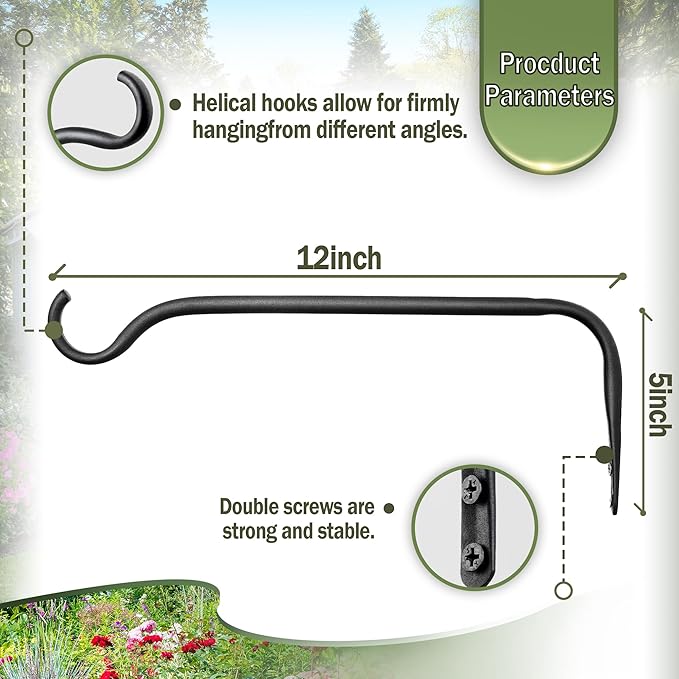 Lifyzoon Durable Plant Hangers Brackets: 2 Pack 12 Inch Outdoor Metal Hanging Plant Brackets - Rustproof Wall Hooks for Hanging Flower Basket Bird Feeders Wind Chimes and Lanterns