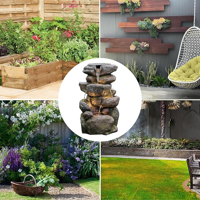 The 4-Tiered Water Fountain Outdoor&Indoor Fountain with Lights, 28.35" Waterfall Fountain for Garden, Patio, Yard, and Lawn, Natural Stone Look Water Features Outdoor Patio
