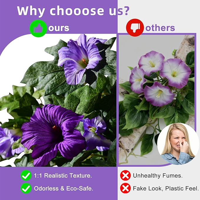 Artificial Morning Glory Flowers Plants for Outdoor 2Pcs Faux Silk Petunias Flower Realistic Faux Flowers Plants for Outside Planter Porch Yard Patio Balcony Home Indoor Decor (2 Pcs Purple)