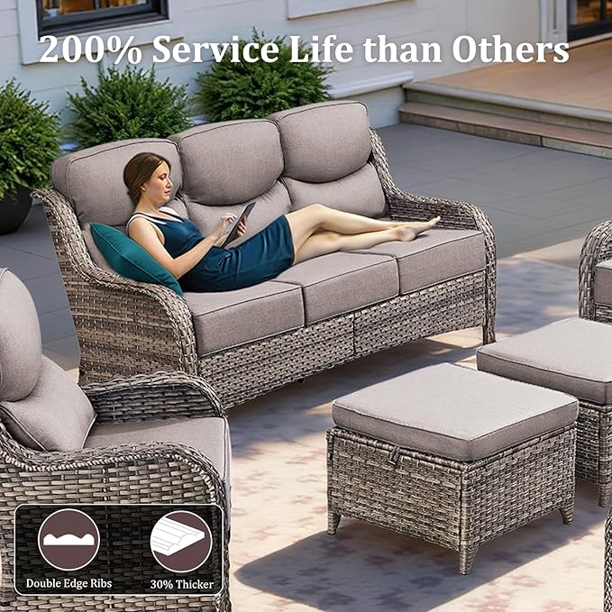 Luxury Patio Furniture Set with 42.5" Fire Pit Table, 8 Pieces High Back All Weather Wicker Outdoor Furniture w/ 6-Inch Thick Cushions, Patio Swivel Chairs Couch for Deck Balcony Backyard Grey