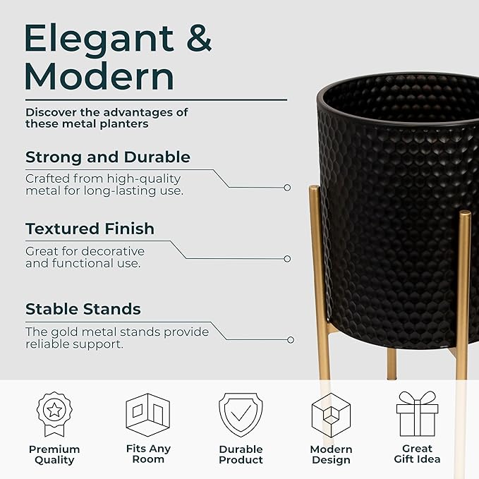 Decorative Flower Pots with Metal Stand for Home Decor - Modern Planters for Hallway, Entryway, and Living Room Decor - Indoor and Outdoor Pots for Plants - Set of 2, 23", 19", Black & Gold