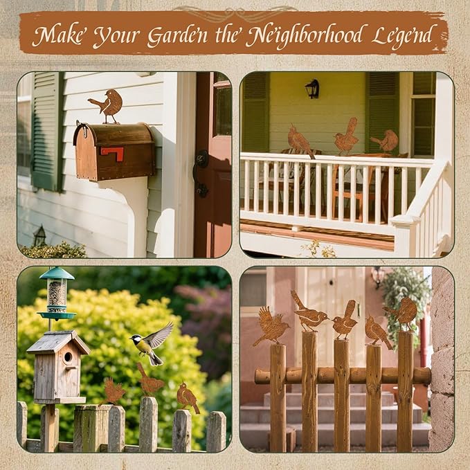 KIFEKKUL 5PCS Rusty Bird Decor, Garden Sculptures and Yard Art, Yard Decorations Outdoor, Metal Bird Wall Decor, Fence Decorations Outdoor, Rustic Garden Decor, Outdoor Statues, Metal Birds Yard Decor