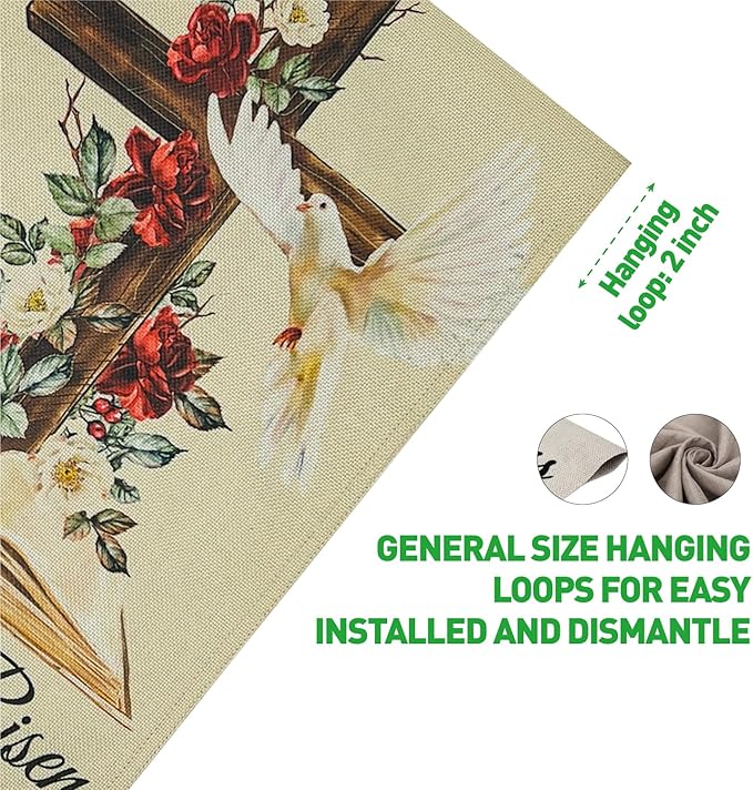 He Is Risen Easter Garden Flag Double Sided 12×18 Inch,Cross Flowersn Dove Decorations Small Burlap Religious Holiday Yard Flags for Outside