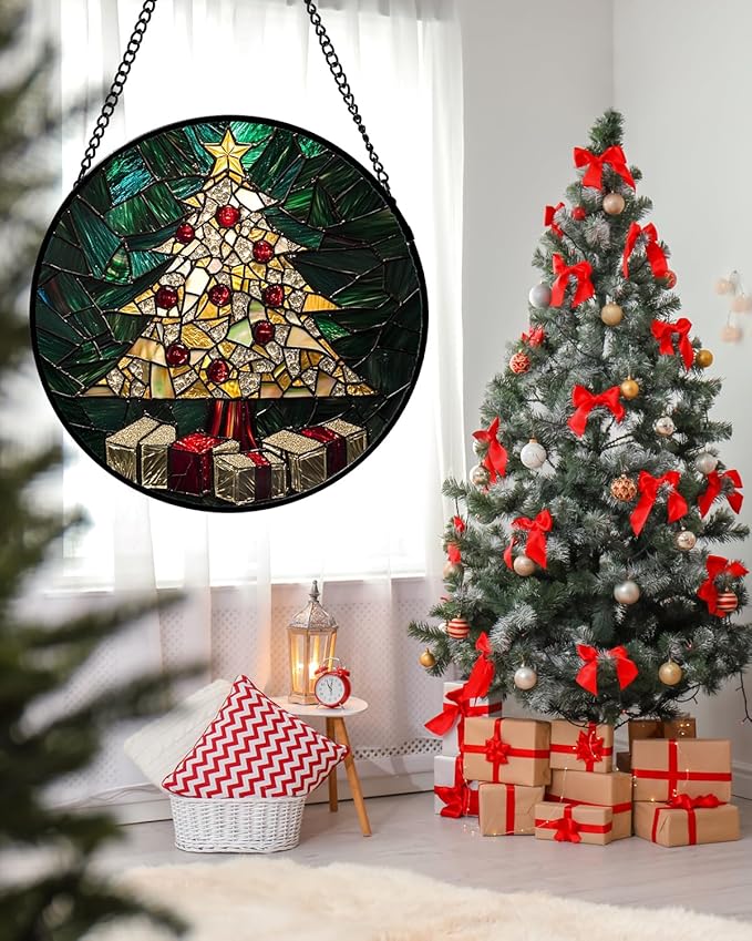 HWRHTR Stained Glass Window Hanging - Golden Christmas Tree Suncatcher for Doors Home Christmas Decoration Winter Sun Catcher Thanksgiving New Year Birthday Gifts for Women Men Mom Nana Girl 7.8 in
