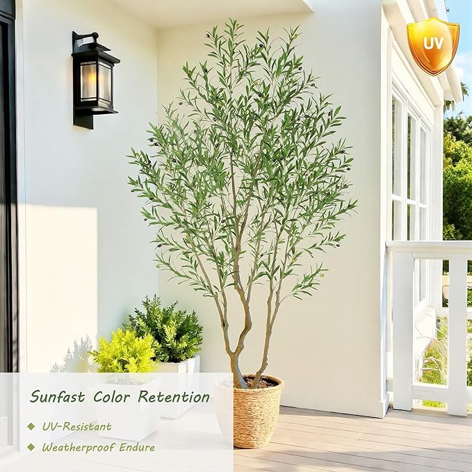 8ft UV Resistant Tall Realistic Artificial Olive Tree, Faux Olive Tree Outdoor with Lifelike Leaves and Fritus, Fake Olive Tree for Home Office Living Room Patio Decor.