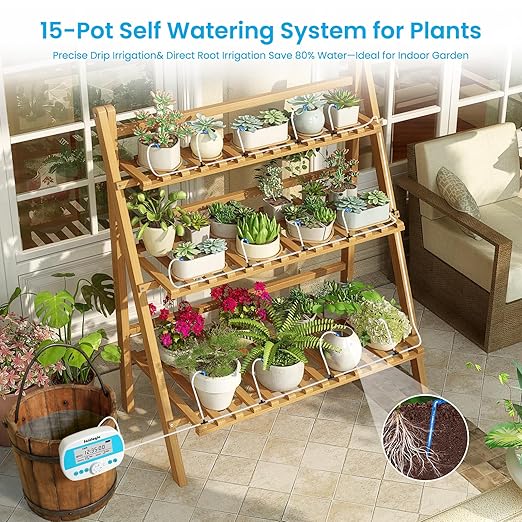 Sainlogic Smart Automatic Plant Waterer for 15 Potted Plants, Self Watering System with Deep Root Irrigation, Humidity Monitor Display, IP64 Programmable Timer for Travel, Vacation, Indoor Garden