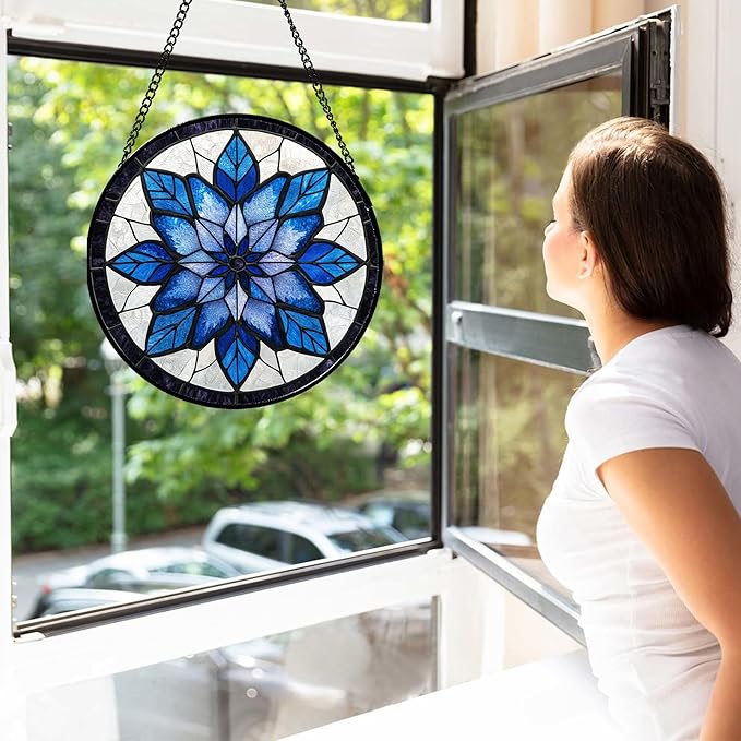 Stained Glass Window Hanging - Blue Snowflake Flowers Suncatcher for Doors Garden Patio Boho Sun Catchers Decor Christmas Mother's Day Birthday Gifts for Women Men Mom Nana Friend 15 in