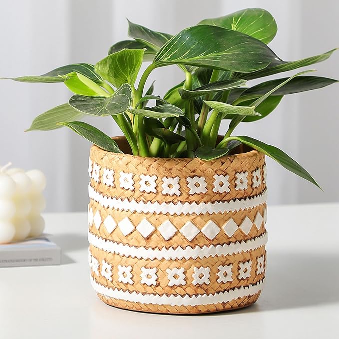 vomiceak Concrete Rattan-Style Plant Basket Planter, 5.3" Plant Pots Indoor Outdoor with Drainage Hole, Boho Flower Pot for Succulents, Herbs, Modern Farmhouse Decor, Ideal Gift for Plant Lovers