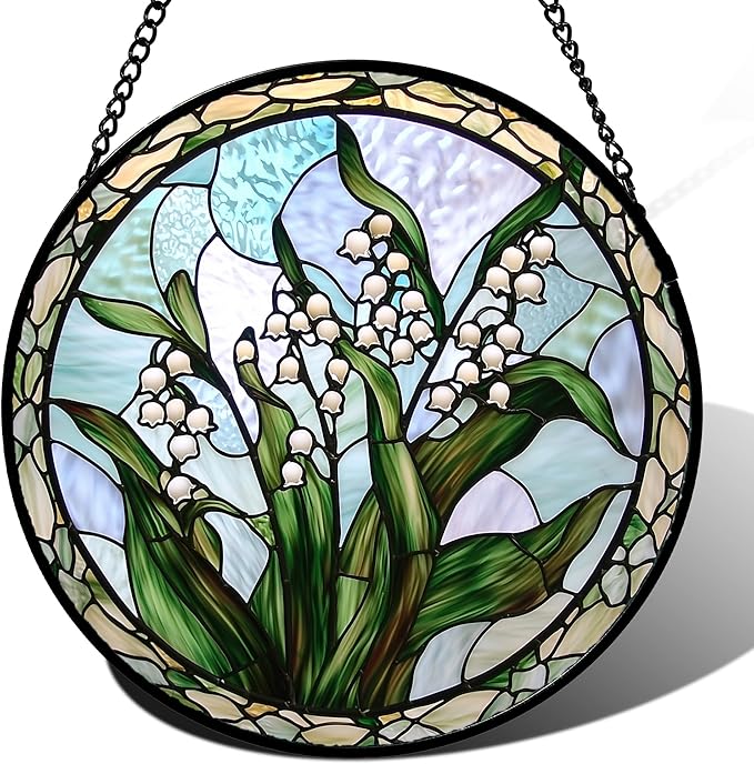 AMDERVEN Stained Glass Window Hanging, White Green Lily of The Walley Flowers Sun Catcher for Door Home Decor Plants Suncatcher Christmas Mother's Day Birthday Gifts for Women Men Mom Nana 7.8 in
