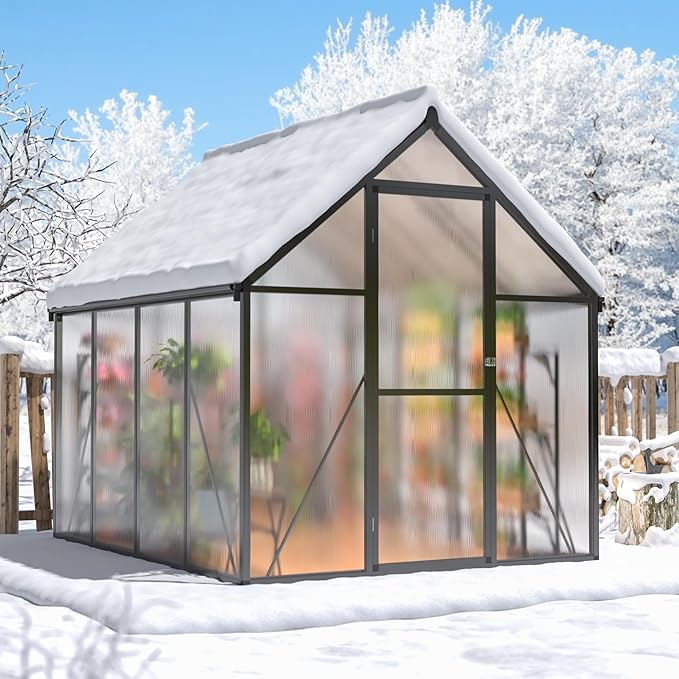 6×7.5 FT Outdoor Polycarbonate Greenhouse, Quick Setup Heavy Duty Greenhouse for Outside with Roof Vent, Large Walk in Green Houses with Lock for Garden Backyard, Black