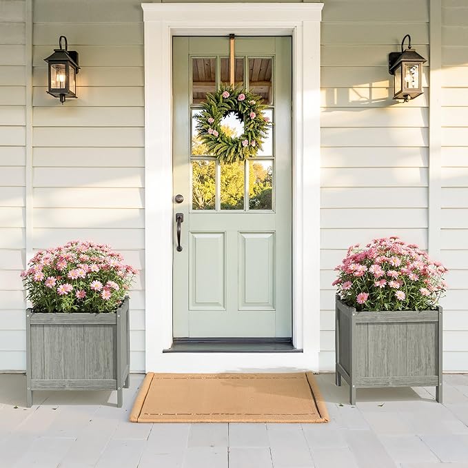 LUE BONA Outdoor Plant Pots, 13.7" x 12.5" x 14.5" Flower Pots with Drainage Holes, Outdoor Planters Boxes for Outdoor Plants - Porch Patio, Garden or Entryway, Light Gray-Oil Printed