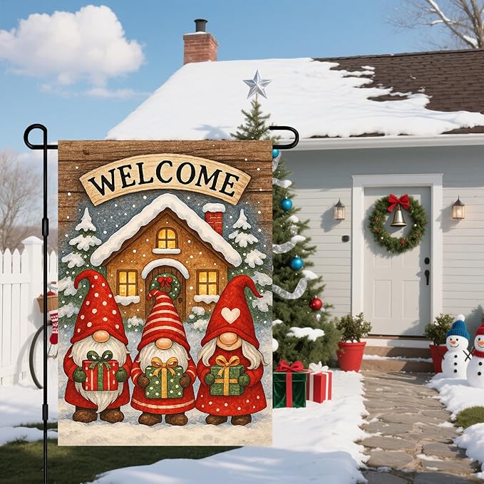 IVN Winter Garden Flag 12x18 Inch Double Sided Winter Gnomes with Gifts and Welcome Sign Outdoor Yard Flag for Outside Home Front Door Lawn Porch Patio Welcome Decor