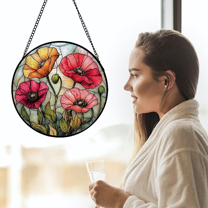 AMDERVEN Stained Glass Suncatcher, Red Orange Poppy Flowers Sun Catcher Silver Background Wildflowers Window Hanging Decor Christmas Mother Birthday Gifts for Women Men Mom Nana 7.8 in