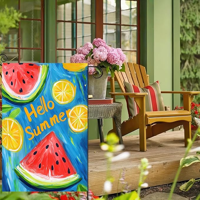 Hello Summer Garden Flag Double Sided 12 x 18 Fruity Watermelon Lemon Juice Small Decorative Farmhouse Yard Seasonal Decor Outdoor Outside