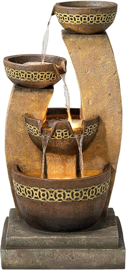 Four Bowl 41 1/2" High Large Zen Indoor Outdoor Decor Faux Stone Floor Fountain with Light LED Waterfall Cascading Standing Water Feature for Outside Garden Patio Yard Backyard - John Timberland