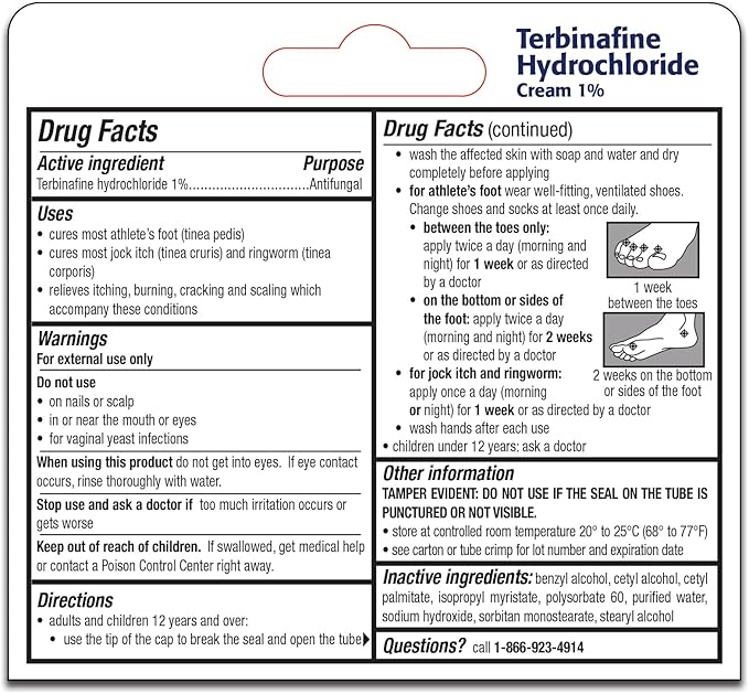 TARO Terbinafine Hydrochloride antifungal Cream 1% - Athletes Foot Cream Extra Strength, relieves itching & Burning, Cures Most Athlete's Foot, Jock Itch & Ringworm