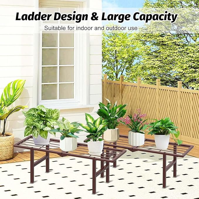 jsyonii 2 Pack Metal Plant Stand Outdoor Indoor, 1 Tier Folding Tiered Flower Plant Shelf, Heavy Duty Ladder Multiple Pot Display Plant Rack for Patio Garden Balcony Windowsills, Brown