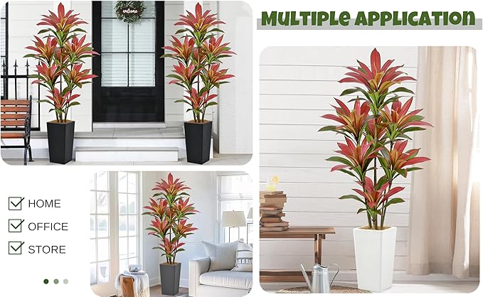 Roselywed Artificial Red Dracaena Tree 6FT with 114 Leaves & 7 Heads & White Tall Planter Cover with Coconut Fiber Tall Faux Tropical Silk Bicolor Plant 72 Inch for Indoor Home Office Porch Mall Decor