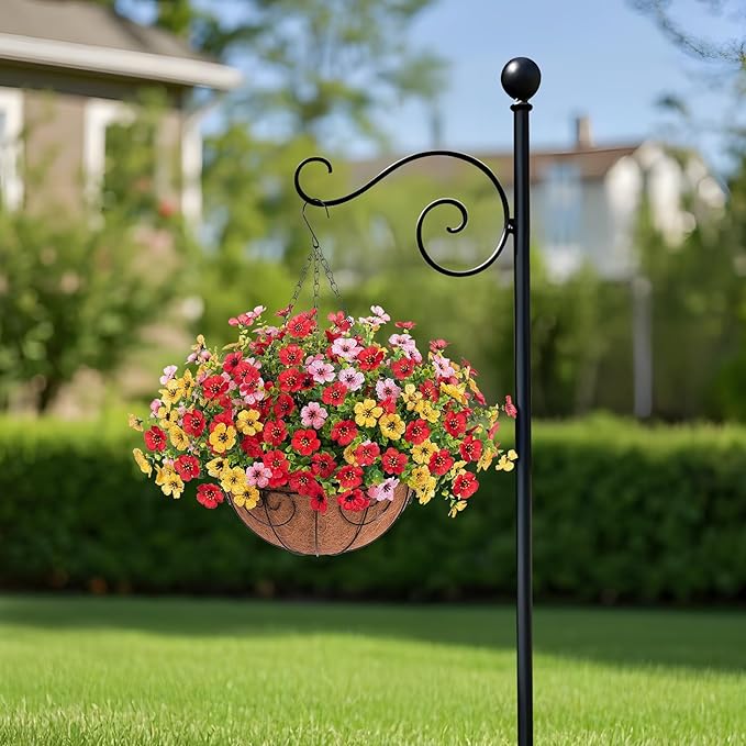 Artificial Flowers Hanging Basket for Outdoor Spring Summer Decor, Fake Silk Colorful Daisy Eucalyptus in 12" Metal Coconut Lining Pot Arrangement for Home Patio Yard Decor(Red Yellow Pink)