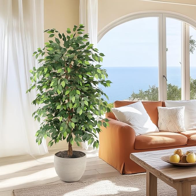 AQUGQ Ficus Tree Artificial 6ft, Tall Fake Tree with Realistic Leaves & Trunk, Artificial Tree for Home Office Living Room Decor Indoor Outdoor.