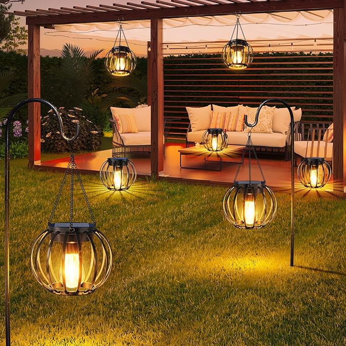 Solar Lanterns Outdoor Waterproof 4 Pack, Upgraded Metal Hanging Solar Lights for Outside with Auto On/Off & Hook - Brighter Hanging Outdoor Lanterns Decorative Lighting for Garden Patio Yard