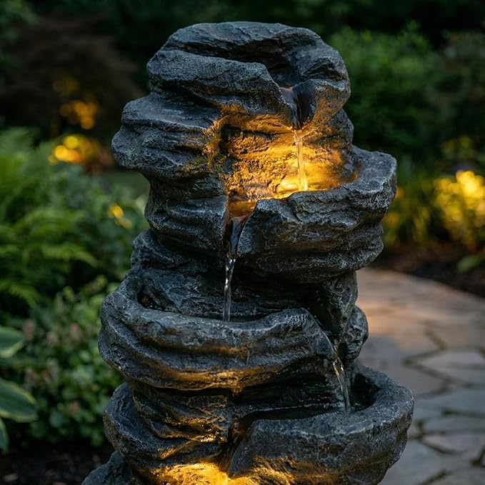 6-Tier Outdoor Cascading Stone Water Fountain, 35" H Freestanding LED Rock Waterfall with Natural Stone Appearance and Lights, Resin Water Feature for Garden Patio Yard Deck