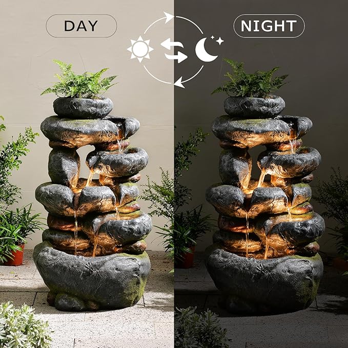 5-Tier Cascading Rock Water Fountain Outdoor, 29.5''Tall Outside Fountains and Waterfalls with Lights for Garden, Patio, Yard, Deck Home Decor with Natural Stone Look