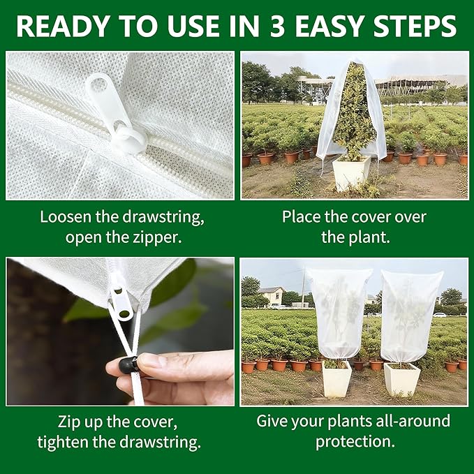 Plant Covers Freeze Protection, 5 Pack Frost Covers with Zipper Drawstring (31.5" x 47.3") Plant Protection Cover Bags for Outdoor Winter Frost Cold Weather Shrubs Trees Jacket Covers, White