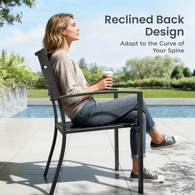 PHI VILLA 5 Pieces Outdoor Patio Dining Set for 4, 37" Square Metal Table with Polywood Top & Stackable Wrought Iron Chairs, Outside Furniture Set with Umbrella Hole for Deck, Porch, Backyard