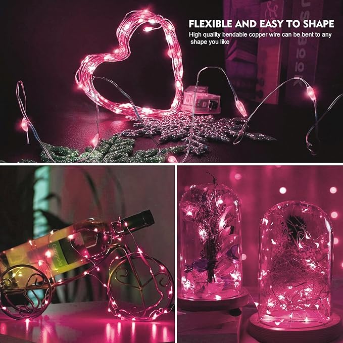 AIKEI 48 Pack LED Fairy Lights Battery Operated, String Lights Waterproof 7 Feet 20 Led Firefly Starry Lamps for Wedding Party Bedroom Garden Valentines Christmas Decoration Pink