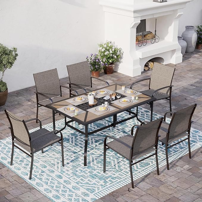61" Patio Dining Table for 6,Teak Color Rectangle Patio Table with Umbrella Hole,E-Coating and Powder Coating Steel Frame Metal Outdoor Patio Table for Garden Backyard Lawn Yard
