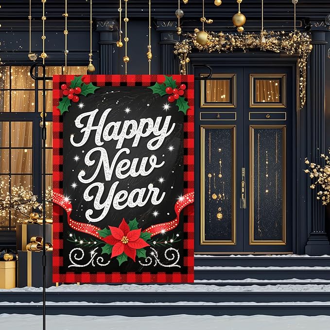 Happy New Year Garden Flag 12x18 Inch Double Sided Plaid Banner Outdoor Yard Decoration with Holly Berry and Poinsettia for Home Lawn Porch Seasonal Holiday Garden Flags
