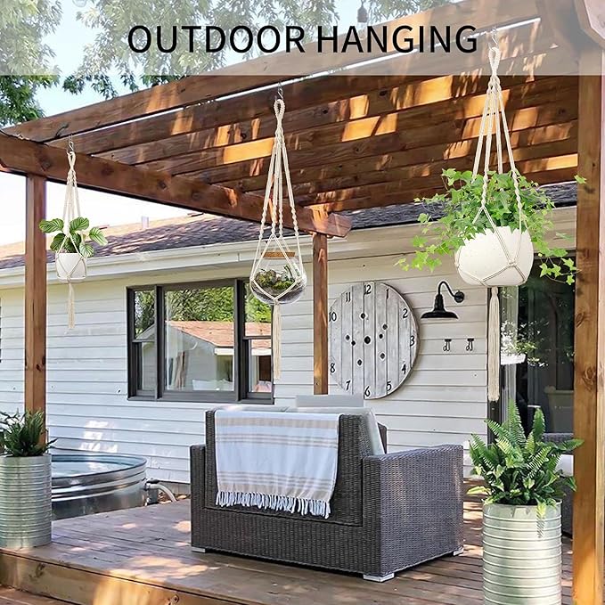 IDEEEPAN Macrame Plant Hanger - Fits 4 to 13 inches Pots for Indoor Outdoor, 34"/41"/46" 3 Sizes Set, Ivory (POTS NOT Included)