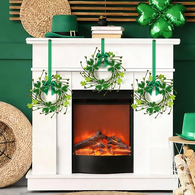 6 PCS Mini St. Patrick's Day Felt Shamrocks Wreath for Front Door St. Patrick's Day Kitchen Cabinet Wreaths Decorations with Ribbon Small Spring Green Irish Clover Berry Wreath for Porch Wall Window