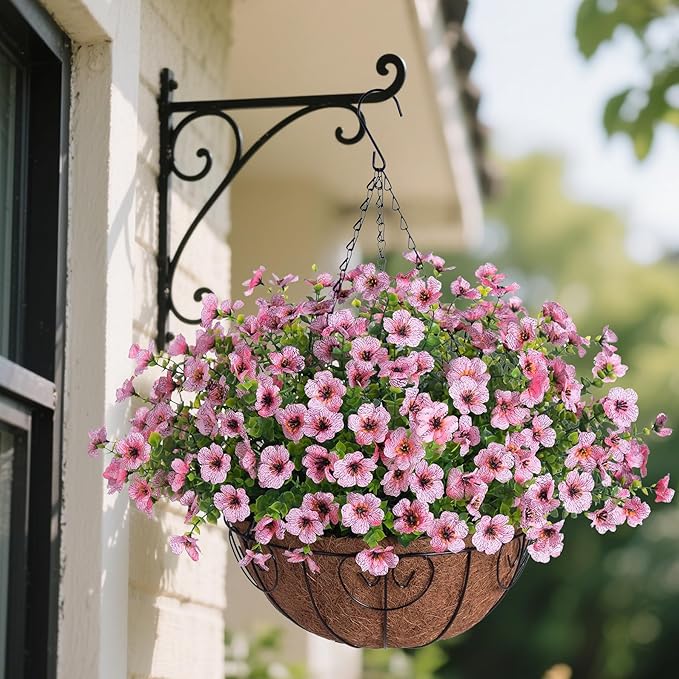 Artificial Flowers Hanging Basket for Outdoor Indoor Spring Summer Decor,Fake Silk Colorful Daisy Eucalyptus in 12" Metal Coconut Lining Flowerpot Arrangement for Home Patio Yard Decor(Pink)