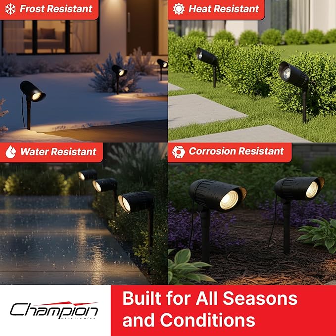 CHAMPION ELECTRONICS 6-Pack Outdoor Low Voltage Landscape Spotlights, 6×3W 200LM, 3000K Warm White, Dusk to Dawn, IP65 Waterproof Path Lights with Transformer, 60FT Cable & Ground Stakes