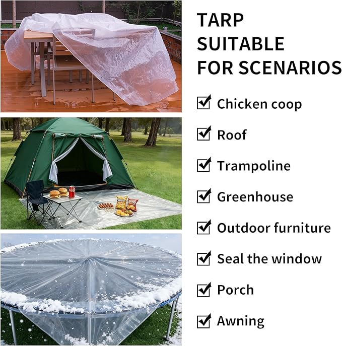 TARPAL Semi Clear Tarp 20x20ft Large Tarp Waterproof Clear Plastic Tarps with Grommets and Reinforced Edges for Patio,Porch and Outdoor Plant,Chicken Coop,Garden,Cat Litter
