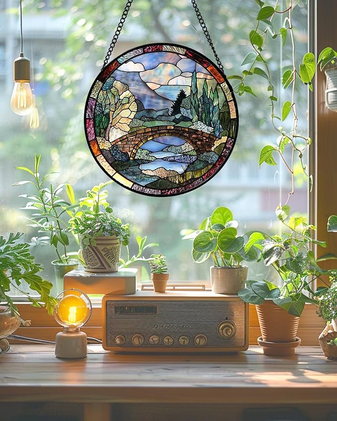 AMDERVEN Stained Glass Window Hanging, Blue Landscape Arch Bridge Sun Catcher for Door Home Decor Suncatcher Christmas Mother's Day Birthday Gifts for Women Men Mom and Nana 7.8 in